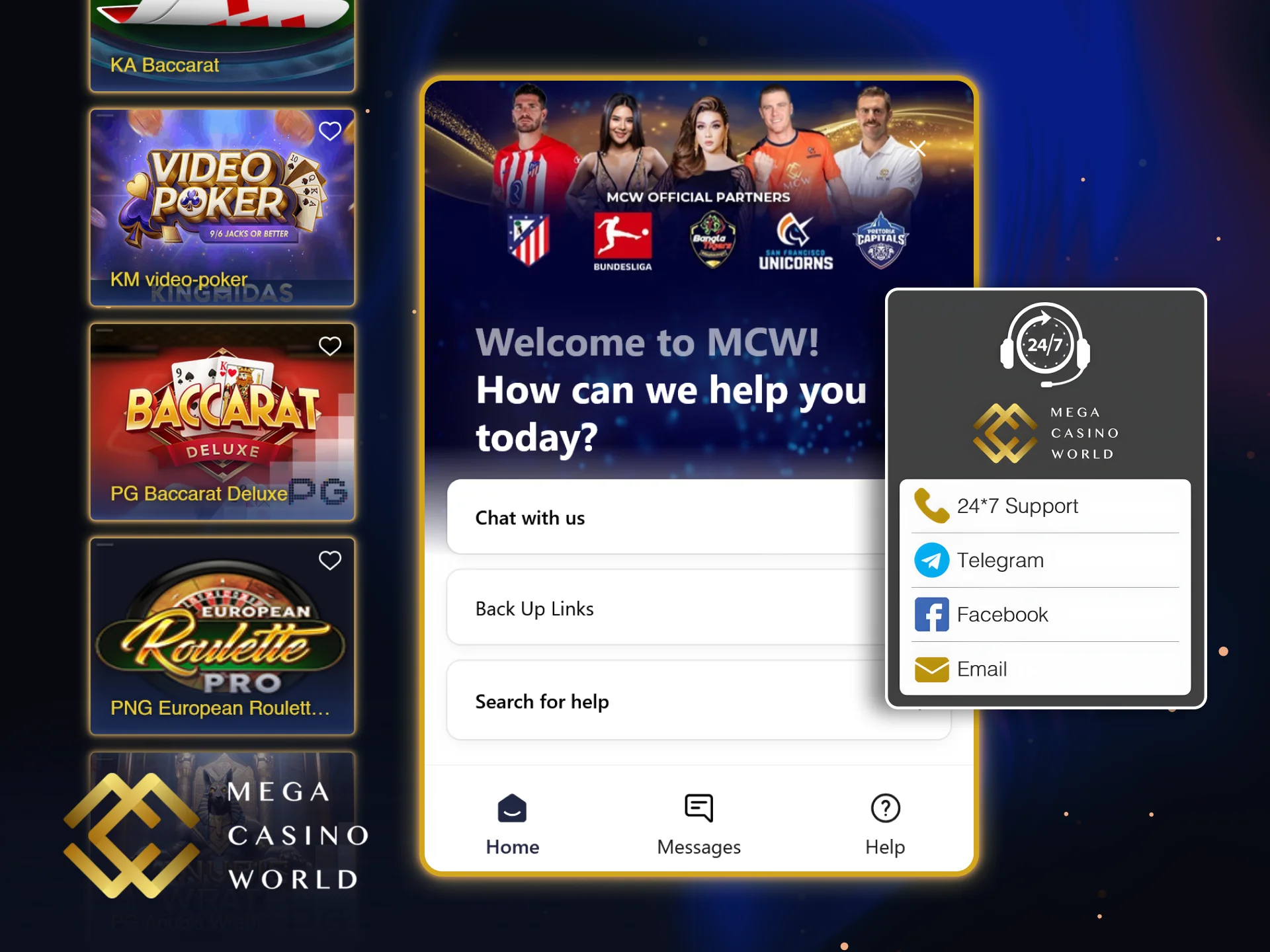 Reach out to MCW customer support for any concerns related to the live casino section.