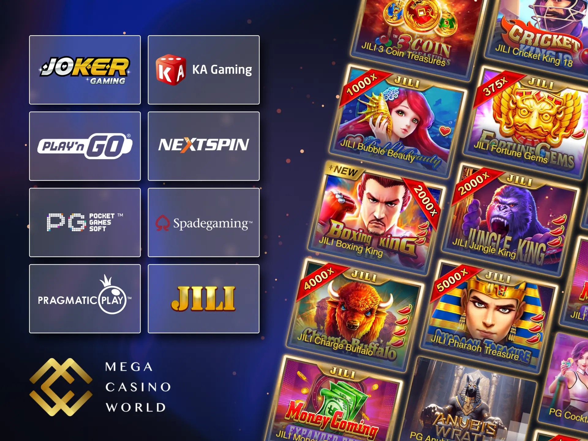 Try slots games from top providers at Mega Casino World.